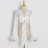 Solid Shirt For Women V Neck Long Sleeve Patchwork Feathers Sexy Belt Blouses Female Fashion Cloth Style New