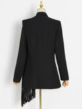 Black Blazer For Women Notched Collar Long Sleeve Patchwork Tassel Hem Solid Blazers Female Korean Fashion