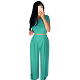 Dropshpping High Quality New Women Two-piece Sets Solid Color Tight Casual Sets Tight Top + Wide Leg Pants
