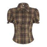 College Style Retro Check-Colored Bubble Sleeves Slim Slim Collar Buckle Short-Sleeved Shirt