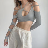 Toloer New Summer Women's Wear Solid Color Sling Hanging Neck Exposed Navel Exposed Back Sleeve Female