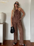Sexy Brown Tank Top Set Woman 2 Pieces Chic Summer Casual High Waist Pants Set Female Elegnat Slim Pleated Trouser