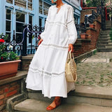 2021 Summer Women Boho Maxi Dress Cotton Loose Shirt Dress White Lace Tunic Beach