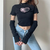 Rockmore Grunge Fairycore Crop Top Women Short Sleeve Patchwork TShirt And Arm Gloves Female Streetwear Tie Dye Tee Goth