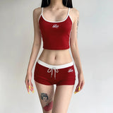 Girls' Letter Printing, Color Bag Edge, Small Sling Vest, Low-Waist Rope-Lace Shorts, Two-Piece Sports Suit-Outfit