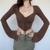 Autumn / Winter Women's Wear Ins Trend Brand Online Celebrity Hot Girl Hanging Neck Fishbone Square Collar Sexy Navel Revealing Thin T-Shirt Woman-Outfit
