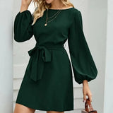 Chiffon solid color plus size loose simple lantern sleeve dress belt slim temperament women's clothing 2020