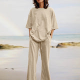 Celmia Fashion Women 2pcs Sets 2022 Summer Casual Loose Holiday Pocket Belted Set Half Sleeve O-neck Top and Wide Leg Pant