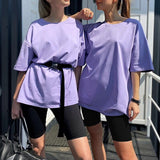 Biker Shorts Tracksuit 2 Pieces Set Female Solid Sets With Belt Half Sleeve 2021 Summer Streetwear Loose Casual New