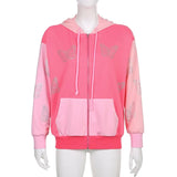 Sweetown Black New Autumn Hoodies Women Butterfly Diamond Zip Up Korean Sweatshirt Winter Jacket Long Sleeve Hood Pullovers