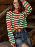 New Rainbow Striped Sweater Knitted Retro Round Long Sleeves