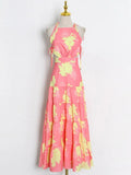 Casual Print Colorblock Cut Out Dress For Women Round Neck Sleeveless High Waist Loose Long Dresses Female
