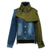 Women's Denim Windbreak Patchwork Contrast Color Stand Collar Loose Split Epaulet Jacket 2024 Summer New Fashion 1B093-Outfit