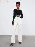 Fashion White Denim Pants Women Elegant High Waist Straight Jeans Female Streetwear Casual Chic Spliced Trousers New