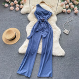 Fashion Sashes Irregular Women Jumpsuits Summer 2022 Solid Temperament Slim Ladies Diagonal Neck Wide Leg