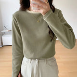 Long-Sleeved T-Shirt Women's New Design Is Full Of Impact Color Round-Neck Waffle Top And Bottom Shirt.-Outfit