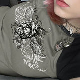 Summer Hot Girls Hipster Street Retro Round Collar Shoulder Collision Wing Printed Short-Sleeved T-Shirt-Outfit