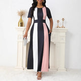 Women's Clothing New Temperament Fashion Hit-Colored Dress Short-Sleeved Skirt Large