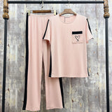 Summer Women's Solid Color Pit Strip Love Embroidery Set Collision Color Pajamas Set Home Clothes-Outfit