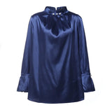 Satin Blouses Women Elegant Long Sleeve Silk Tops Pearl Stand Collar 2022Office Lady Shirts Solid Casual Party
