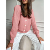 Casual V-neck Knitted Loose Cardigan Women Buttons Lantern Sleeve Sweaters Female Basic White Autumn Winter