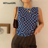 Plaid Y2K Knitted Crop Tank Tops Women Summer Vintage Sleeveless Cropped Top Tees Koreank Casual Knitwear