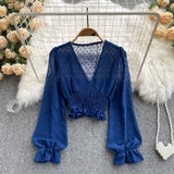 2021 Autumn Fashion Korean Women Blouse Long Sleeve V Neck Elastic Ruched Slim Tops Elegant Streetwear Short