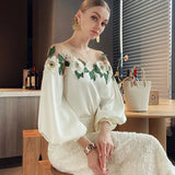 Yuanfeng Heavy Industry Mesh Stitching Satin Embroidered Shirt Women's 2023 Early Autumn New Style-Outfit