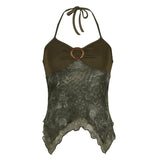 Women's Retro Print Irregularly Hanging Neck Vest Design Knitted Splicing Slingd