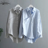 Autumn Women Solid Cotton Blouse Korean Long Sleeve Top Women Vintage Gray Top and Blouse with Pocket Women's Clothing