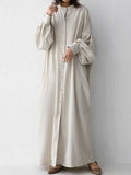 New Women's Dress Fashion Solid Color Two Wear Round Neck Loose Leisure Lantern Long Sleeve Single Breasted Women's