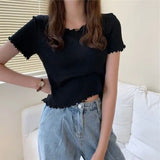 Women Summer Lovely Korean Preppy Style Basic Edible Tree Fungus Sweet Girl Solid Tops Thin Knitted Short Sleeve
