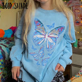 Bold Shade Indie Aesthetic Butterfly Print Sweatshirt Y2K Oversized O-Neck Casual Fairycore Hoodies Long Sleeve Fall Tops