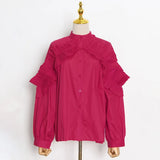 Casual Loose Solid Patchwork Ruffle Shirt Female Long Sleeve Korean Fashion Blouse For Women Autumn 2021 New