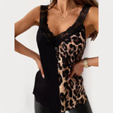 Tops Women 2021 Summer Sexy Leopard Print Sleeveless Lace Camisole Casual V-Neck Tank Tops Blouses