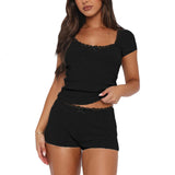 Women's Y2K Two Pieces Pajama Sets Lace Trim Bow Short Sleeve Square Neck T-shirt with Shorts Sleepwear Loungewear-Outfit