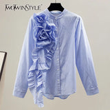 Patchwork Floral White Shirt For Women Stand Collar Long Sleeve Loose Solid Button Through Blouse Female