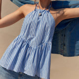 Women's Summer Y2K Aesthetic Fashion Striped Tank Sleeveless Tie-up Halter Neck Backless Striped Peplum Flare Tops-Outfit