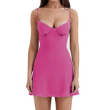 Women Slip Mini Dress Summer Clothes Solid Color/Floral Printed Sleeveless Low-Cut Slim Sling Simple Sweet Clothes Sexy Club-Outfit