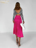 Fashion Pink Satin Office Lady Skirts Elegant High Waist Slit Midi Skirt Streetwear Casual Simple Female Clothing