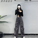 High Street Multi-Pocket Black Work Clothes Jeans Women 2025 New High-Waisted Loose Broad-Legged