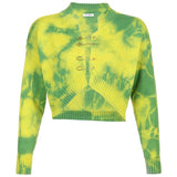 Tie Dye Print Knitted Crop Top Cardigan Women Button Up V Neck Long Sleeve Jumpers Ladies Autumn Long Sleeve