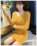 Mink Furry Sweater Women Autumn Winter Embroidery Elasticity Knit Bottoming Pullover Hippocampus Sexy Package Hip