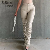 Sisterlinda Faux Leather Stacked Y2K Pant Women High Waist Zipper Side Slit Hipster Streetwear Female Fashion Slim Long