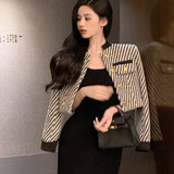 French Elegant Tweed Short Jacket Coat 2022 Autumn Women's Stand Collar Golden Button Fashion Slim Outwear Lady