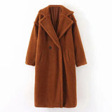 Winter Casual Solid Teddy Coat Women Long Sleeve Fleece Long Jacket Turn Down Collar Lamb Fur Coat Outerwear