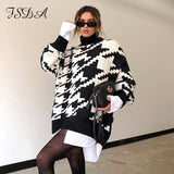 2020 Turtleneck Loose Sweater Dress Women Casual Knitted Jumper Oversized Long Sleeve Autumn Winter Houndstooth