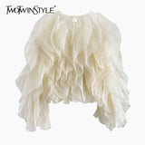 Elegant Patchwork Ruffles Chiffon Blouses Women O Neck Lantern Long Sleeve Loose Shirt Female Clothing