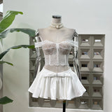 Spring Pop Pure Hot Girl Street Lace Lace Shoulder Clothes + Bows Solid Half Dress