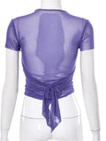 Mesh Sheer See Through Short Sleeve T-shirts Top for Women Summer Y2K O-neck Slim Fit Criss-cross Lace-up Tees Shirts-Outfit